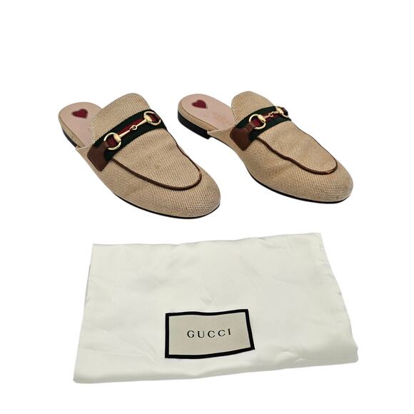 Gucci Princetown Horsebit Flat Mule Slipper Canvas Beige Web Stripe Size 38 US 8 - Picture 2 of 13